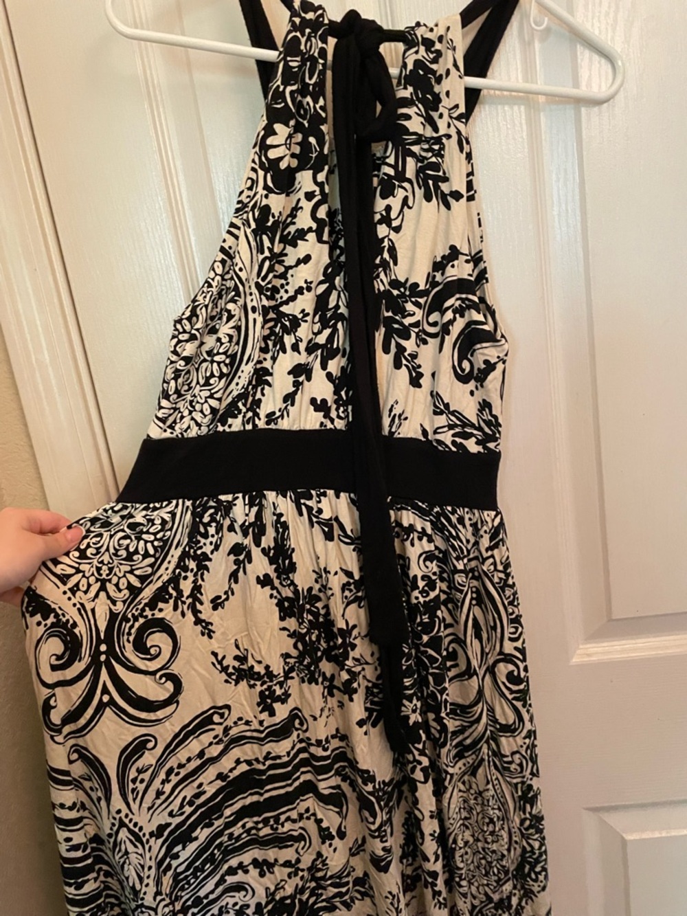 Black & white floral midi halter dress with tie back and pockets